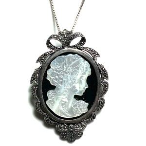 Sterling Silver & Marcasite Vintage Cameo Necklace/Brooch